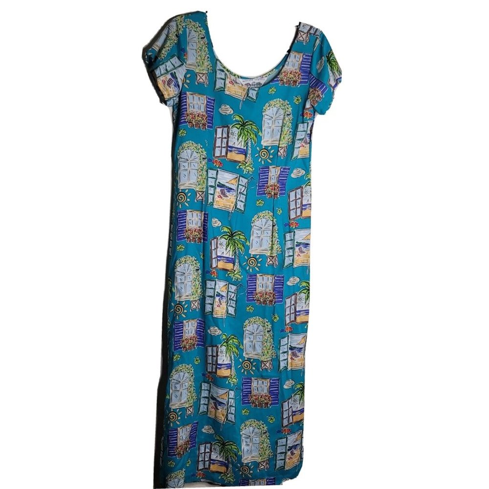 Weekend Traffic Teal Ocean Window Maxi Long Hawaiian Aloha Tropical Dress Size M